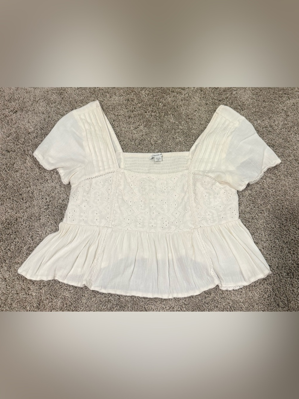 American Eagle White Eyelet Smocked Babydoll Top M/M/M